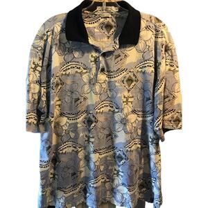 A.M. Player Vintage Mens L Blue Floral Short Sleeve 1/4 Button Cotton Polo Shirt